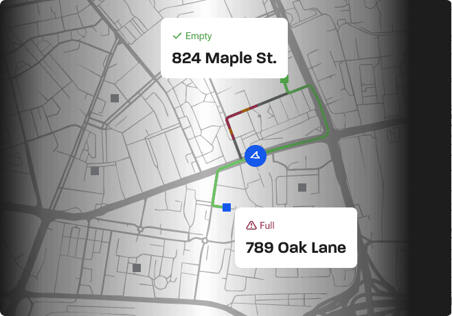 Route map showing bin statuses: one empty, one full.
