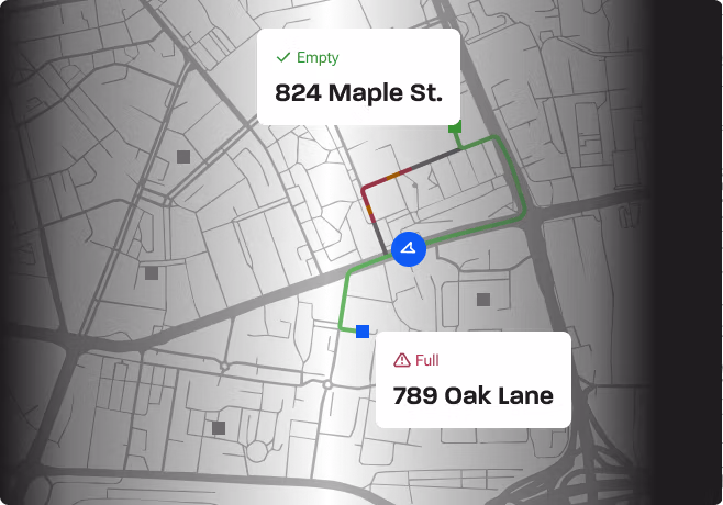 Route map showing bin statuses: one empty, one full.