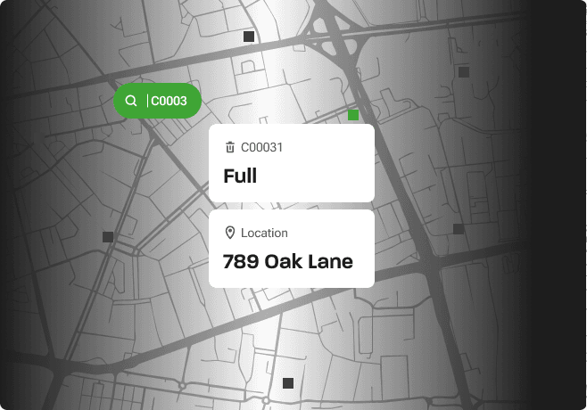 Map UI showing a bin status marked as “Full” at 789 Oak Lane.
