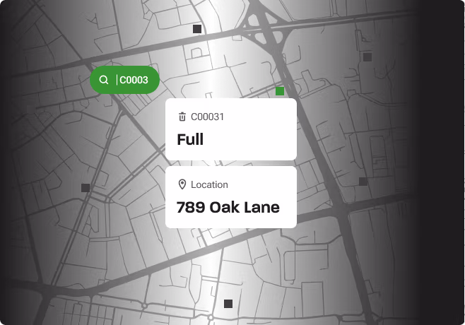 Map UI showing a bin status marked as “Full” at 789 Oak Lane.