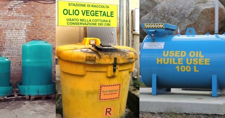 Containers for collecting and storing used cooking oil.