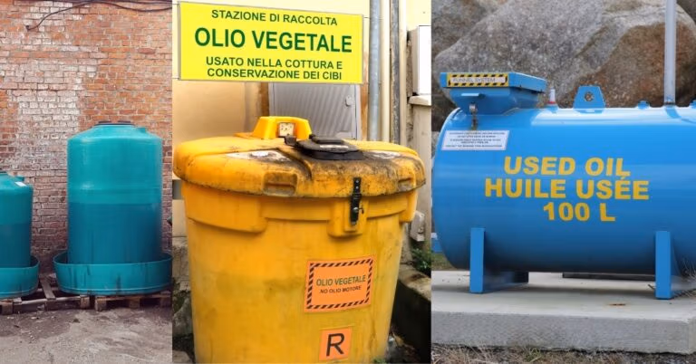 Containers for collecting and storing used cooking oil.