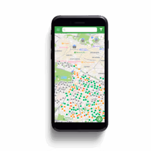 Mobile app showing a live map of bin locations and fill levels.
