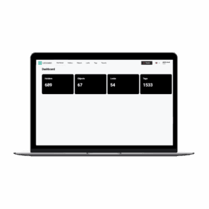 Laptop displaying a simple dashboard with counts of holders, objects, locks, and tags.
