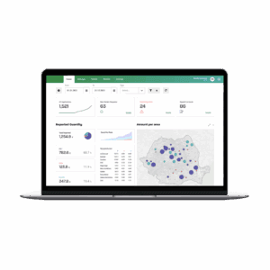 Laptop showing a Smart DRS analytics dashboard with maps and charts.
