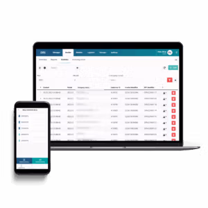 Laptop and smartphone showing invoicing dashboard and transaction details.