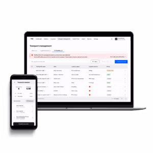 Laptop and smartphone showing transport-management dashboard and transaction summary.