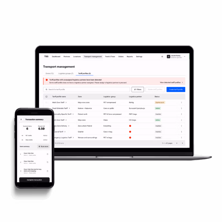 Laptop and smartphone showing transport-management dashboard and transaction summary.