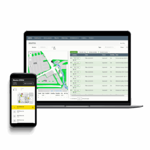 Laptop and smartphone showing a waste-collection route planning and tracking interface.
