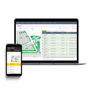 Laptop and smartphone showing a waste-collection route planning and tracking interface.