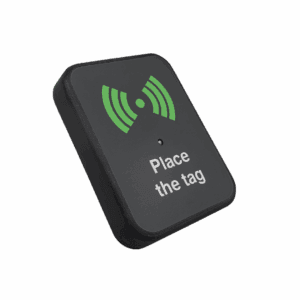 Small RFID/NFC reader device with “Place the tag” printed on it.