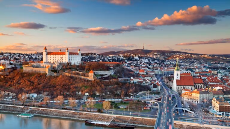 Bratislava,  Slovakia cityscape with the Danube and Bratislava castle in view.