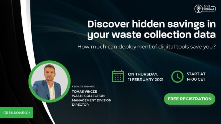 Webinar poster about waste-collection data savings with event details and a speaker photo.