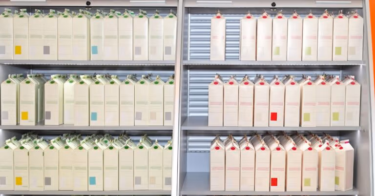 Shelves filled with sorted beverage cartons prepared for recycling.