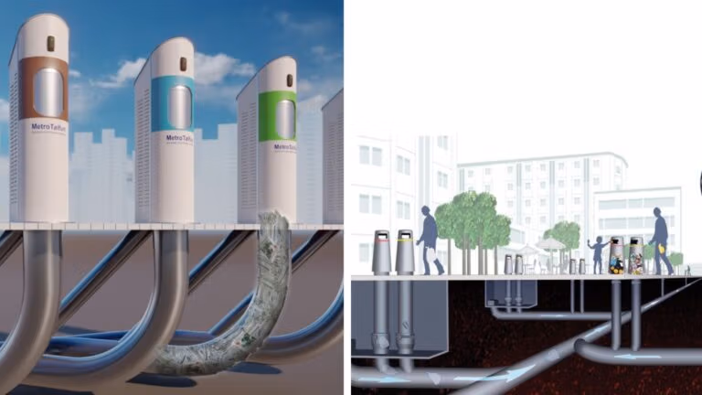 Illustration of an underground pneumatic waste collection system.