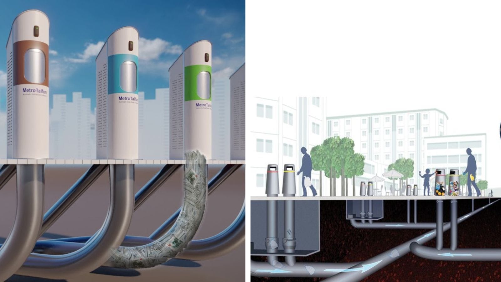 Illustration of an underground pneumatic waste collection system.