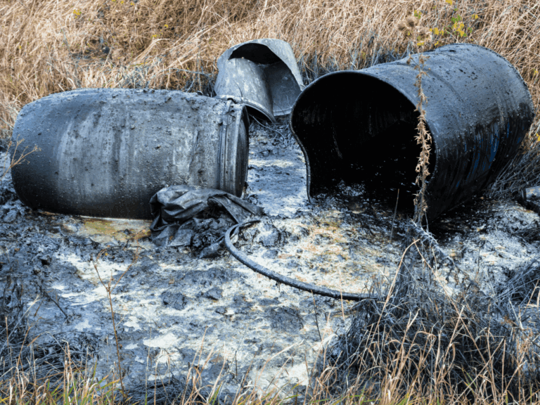 Leaking industrial barrels spilling waste into a muddy, polluted area.