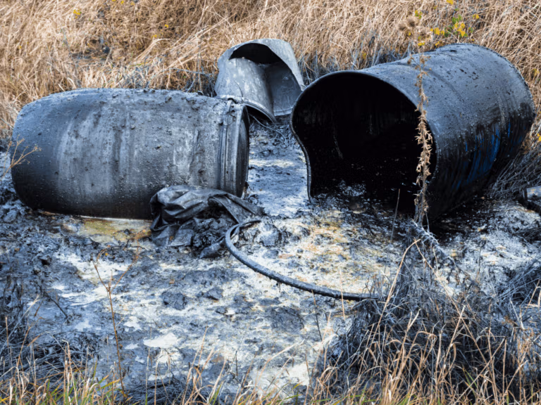 Leaking industrial barrels spilling waste into a muddy, polluted area.