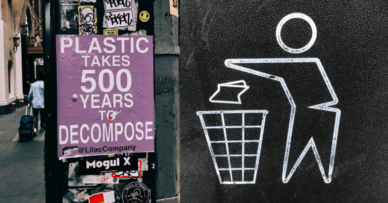 A street poster warns “Plastic takes 500 years to decompose,” next to a bin-throwing symbol on a trash can.