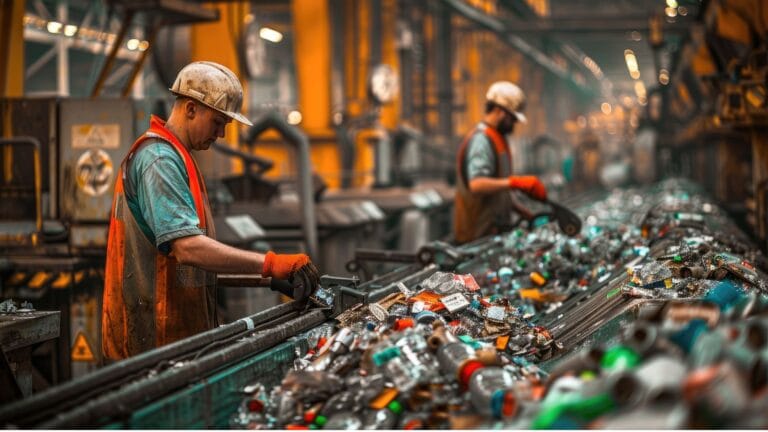 Workers sorting recyclable waste on a conveyor line inside a recycling facility to improve material recovery.