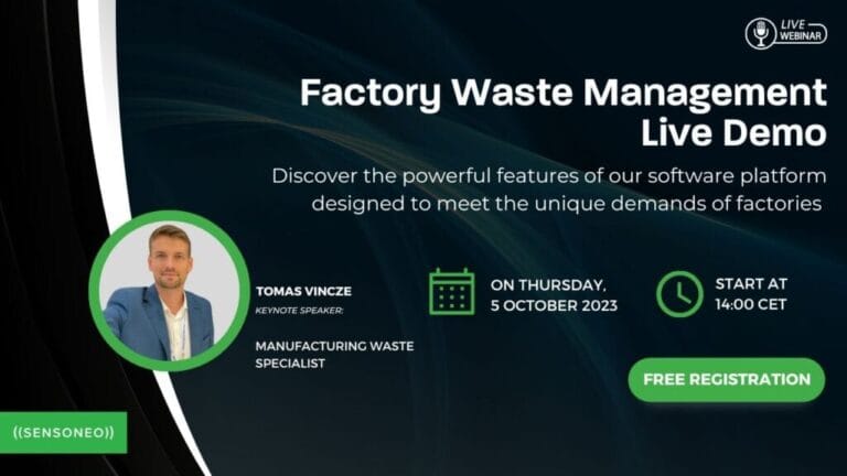 Webinar poster about factory waste-management software.